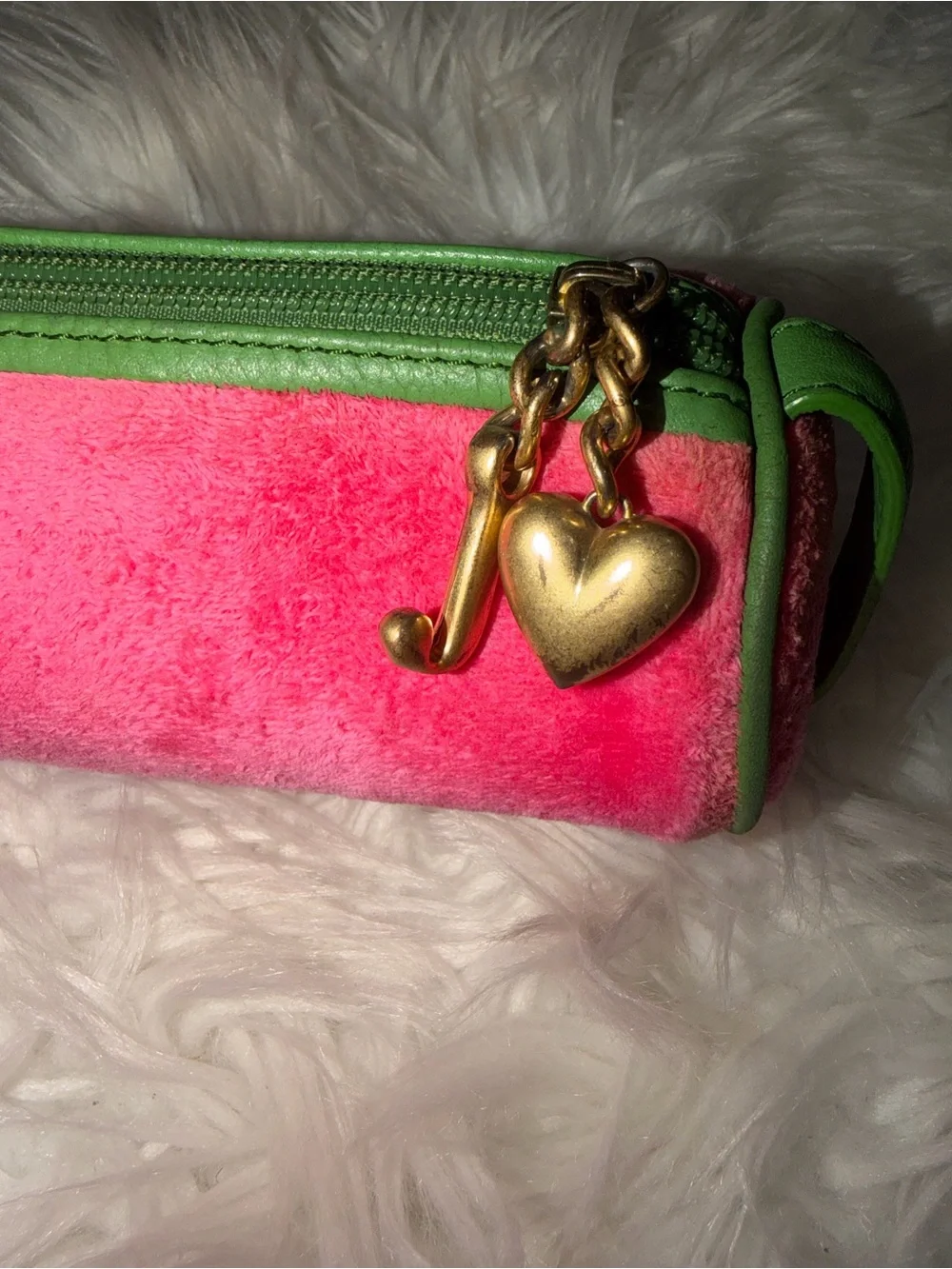 Y2K Juicy Couture Watermelon Velvet Logo Pouch & Gold Charm